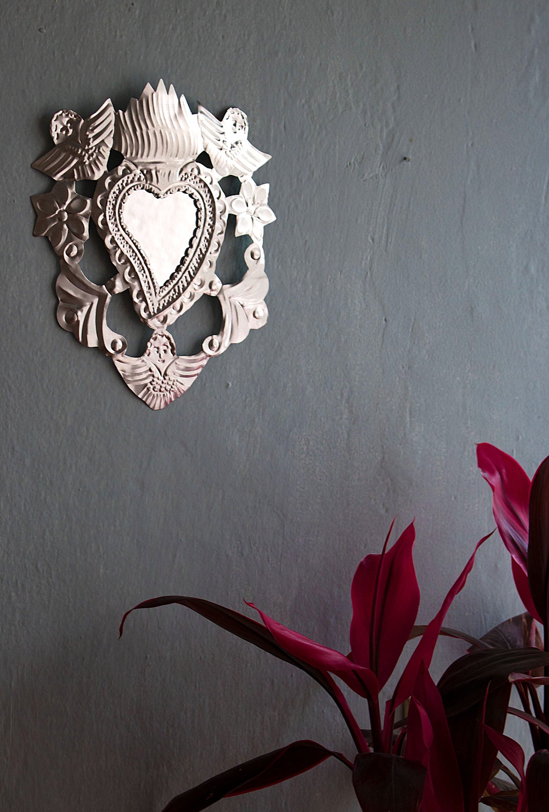 Grand Cœur Sacré Milagro argenté avec anges ~ Miroir artisanal