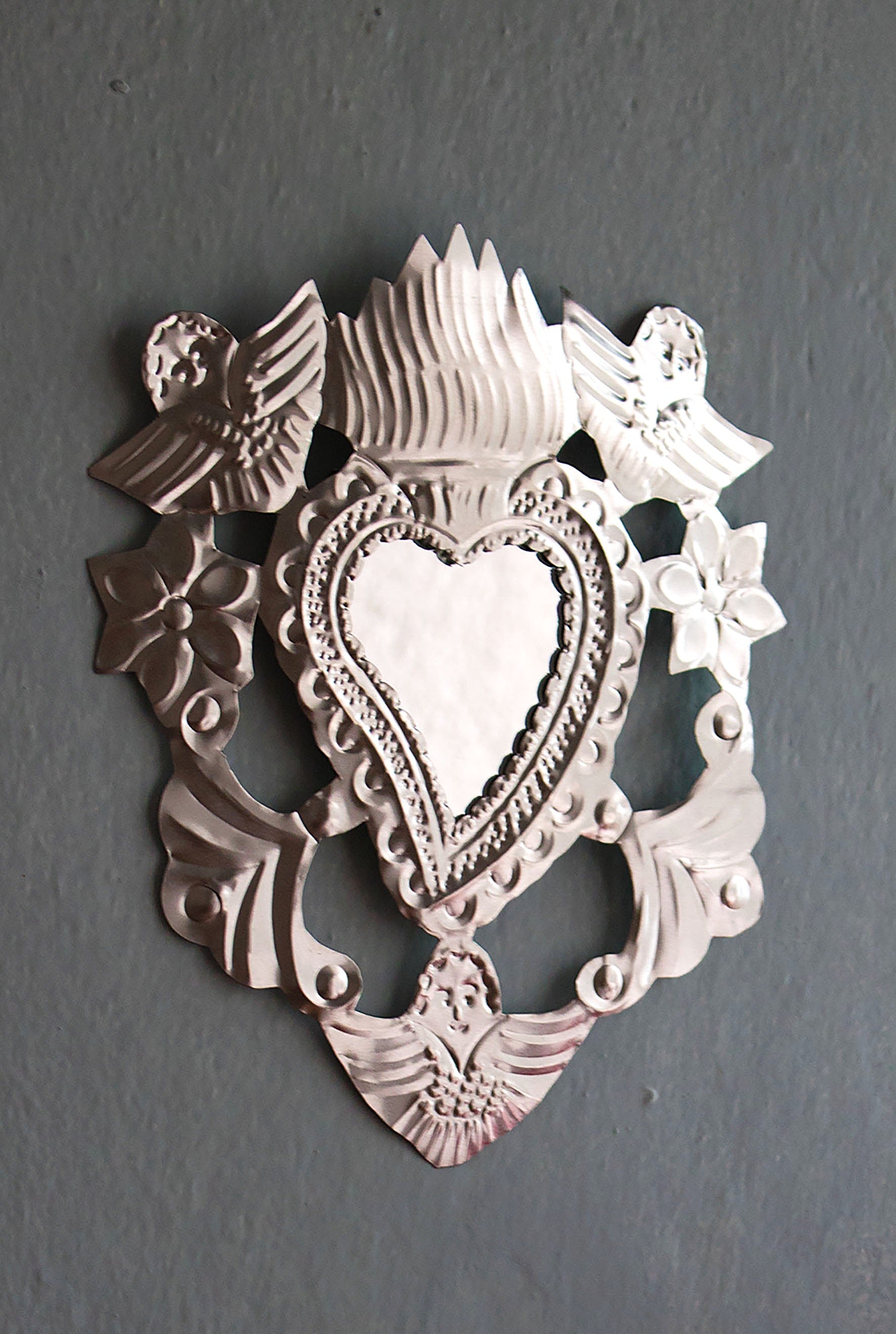 Grand Cœur Sacré Milagro argenté avec anges ~ Miroir artisanal