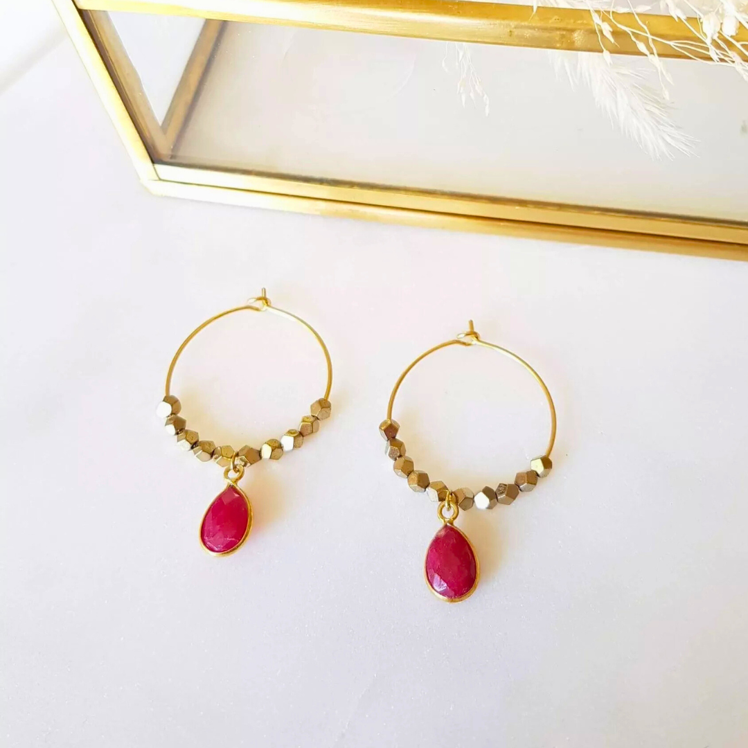 Créoles PIPA – Rubellite & Hématite, sérénité & féminité