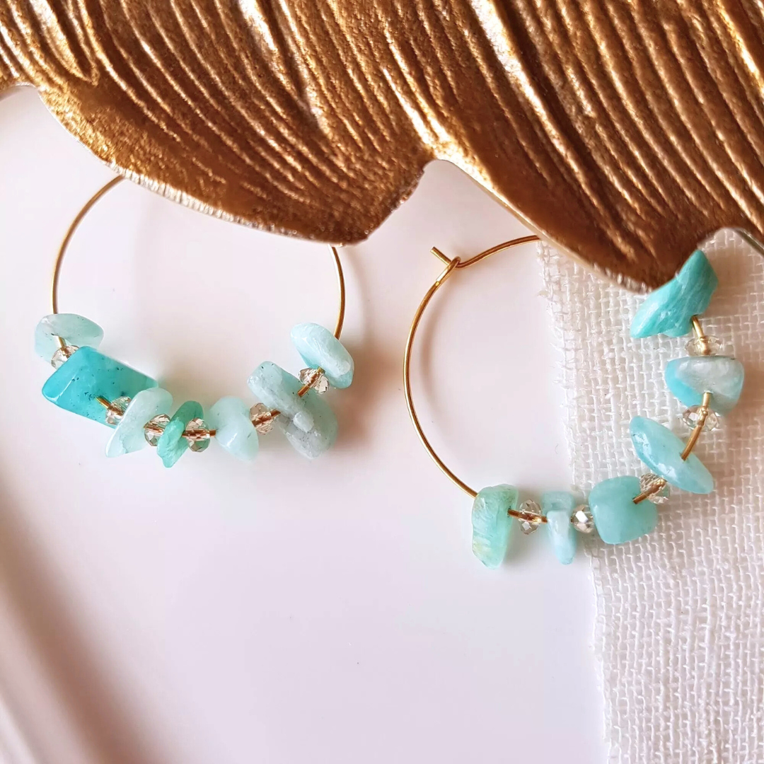 Créoles PRISCA – Amazonite & perles de Bohême, harmonie & confiance