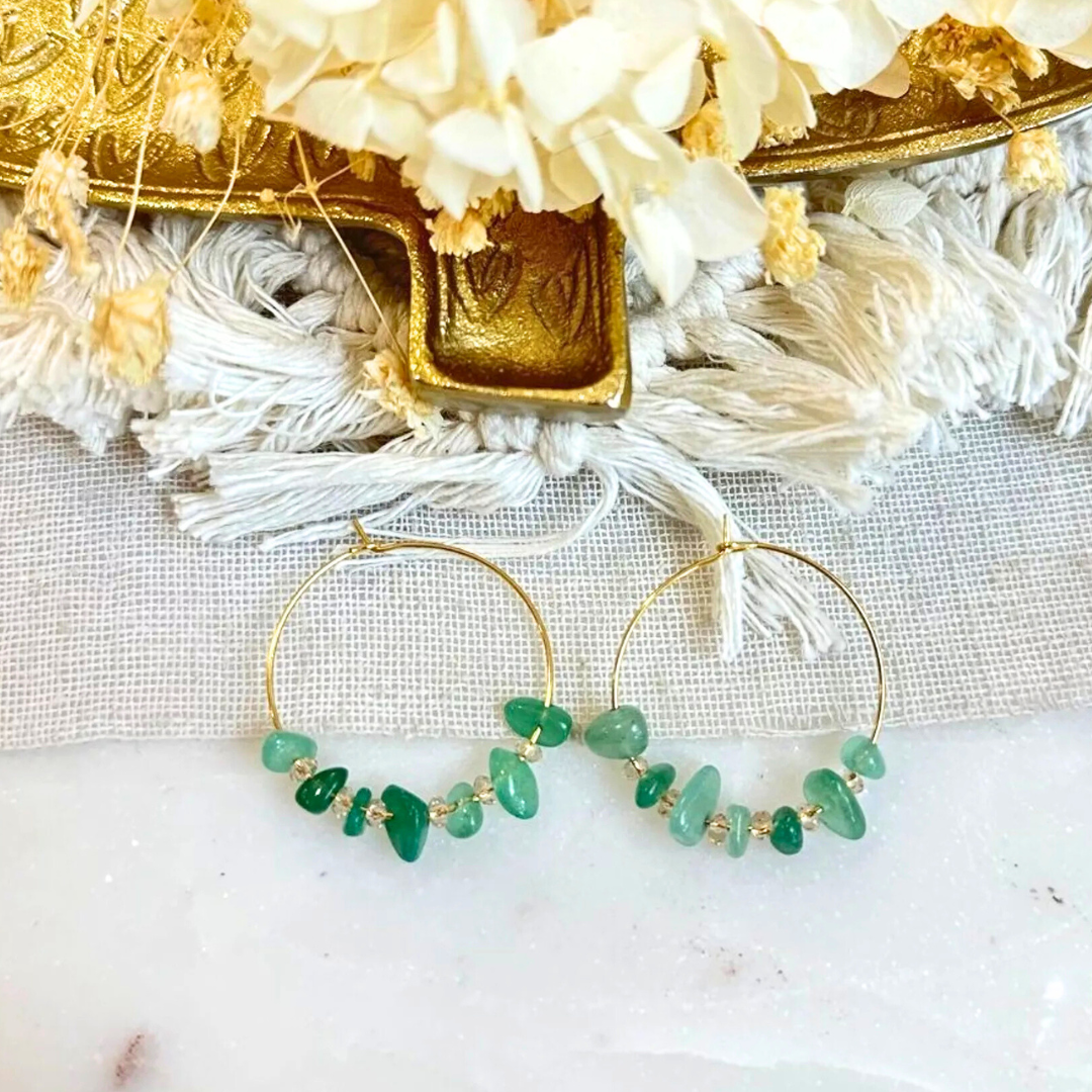 Créoles PRISCA – Aventurine & perles de Bohême, apaisement & prospérité
