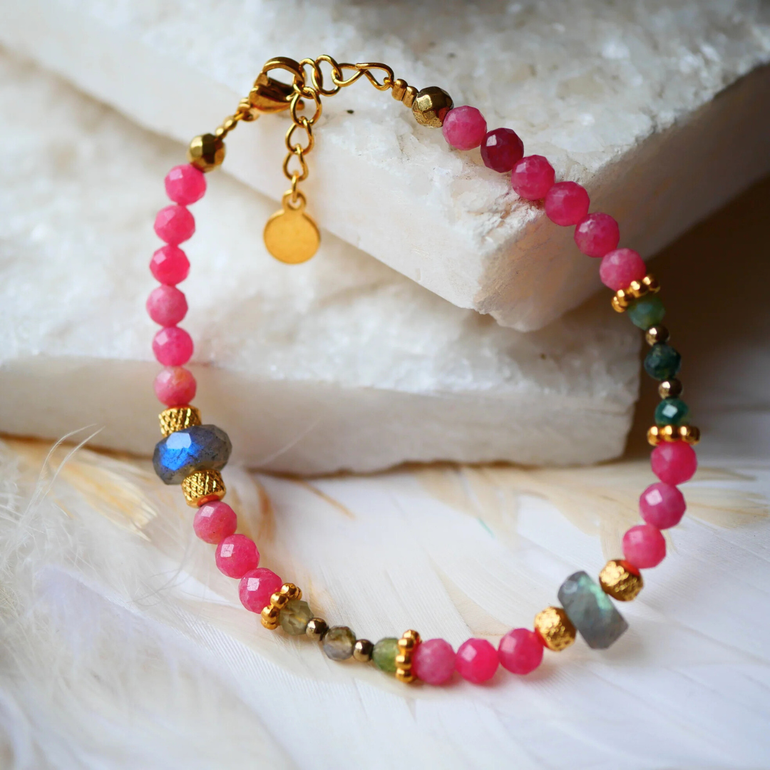 Bracelet SUKOON – Rhodonite, Agate indienne & Labradorite, équilibre & protection